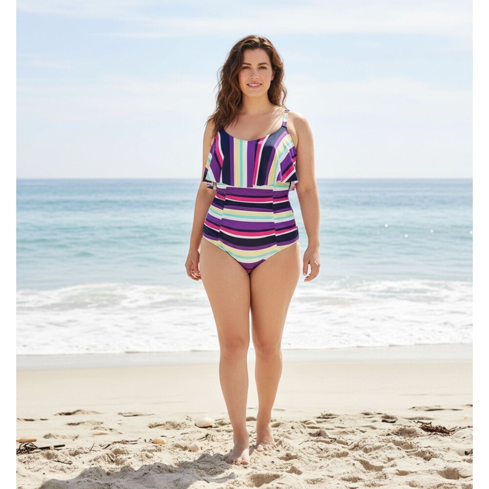 Torrid Stripe One Piece Swimsuit 1X 14 16 Ruched Flounce UPF 30+ Padded Wireless
